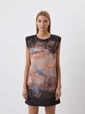 AllSaints Tree-Print Sweatshirt Dress in Black and Tan with Shoulderpads